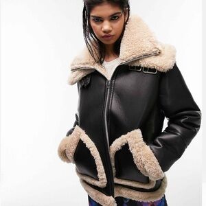 Topshop Black Leather Winter Coat Aviator Jacket